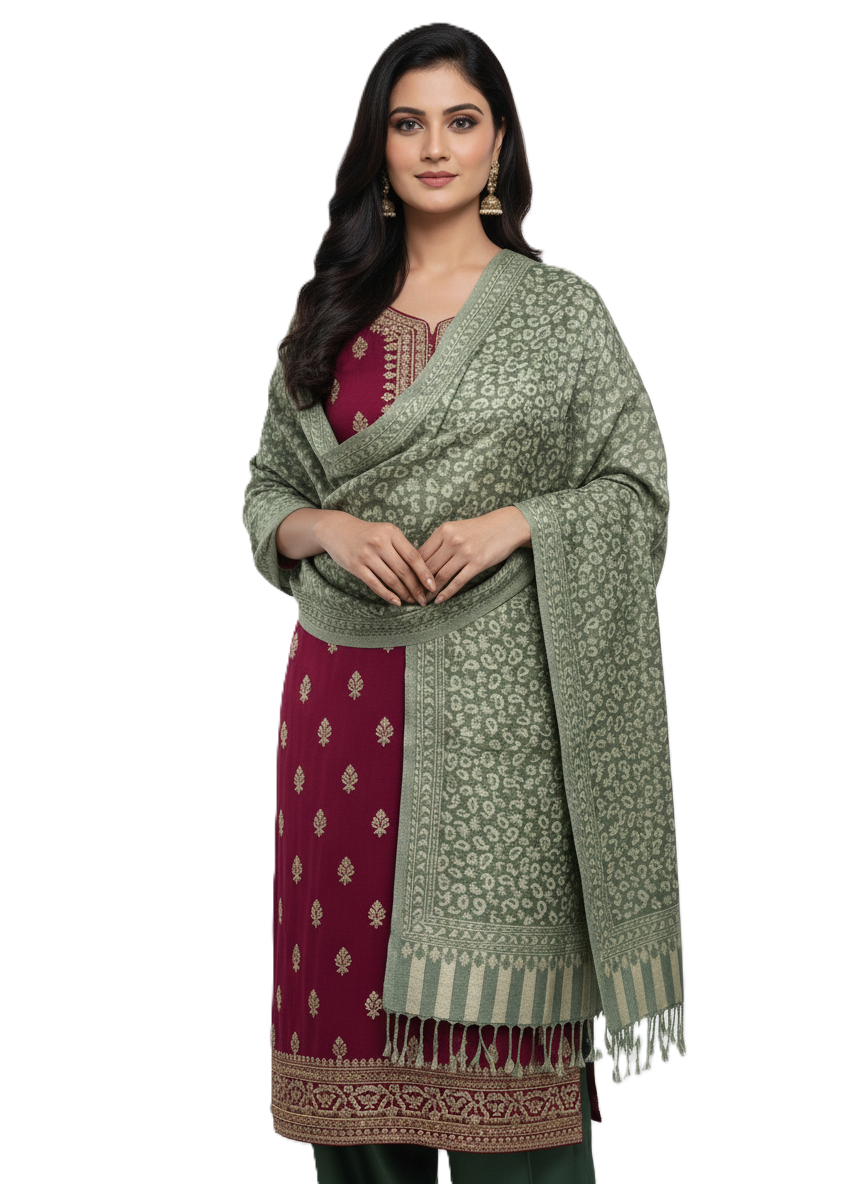 KRITI Paisley Design Warm Woolen Green Color Shawl for Women