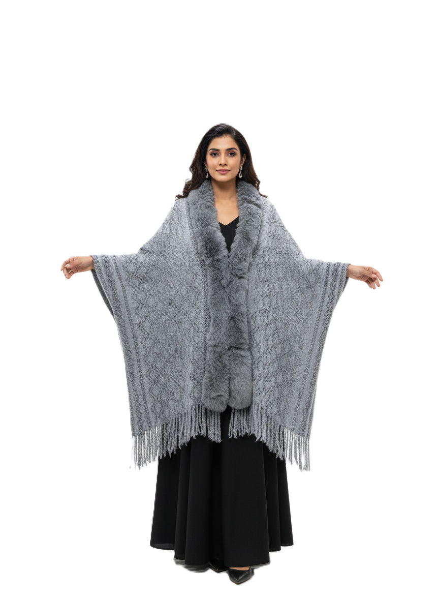 महिलाओं के लिए प्रीमियम फॉक्स फर ट्रिम ऊन रैप | सुरुचिपूर्ण ओवरसाइज़्ड विंटर पोंचो | आदर्श उपहार