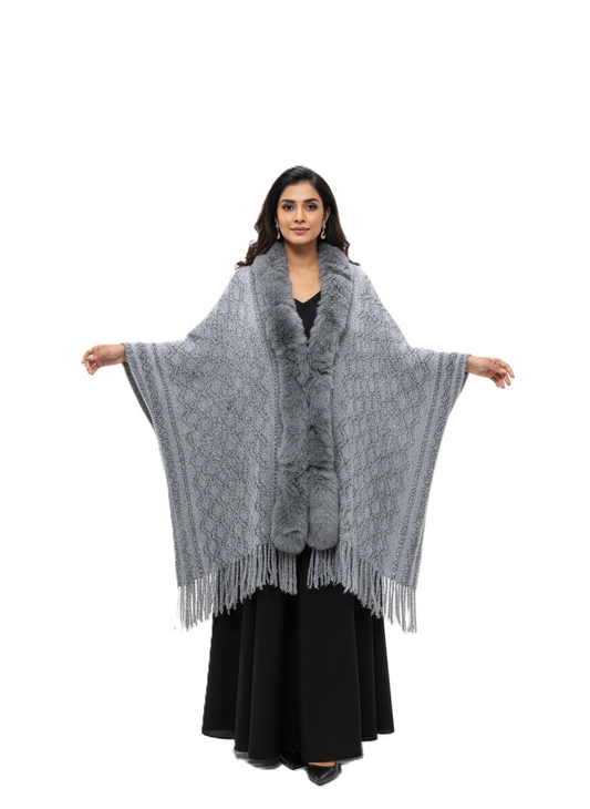 महिलाओं के लिए प्रीमियम फॉक्स फर ट्रिम ऊन रैप | सुरुचिपूर्ण ओवरसाइज़्ड विंटर पोंचो | आदर्श उपहार