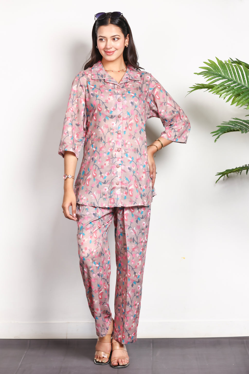 Floral Printed Rayon Cotton Co-Ord Set - Camel
