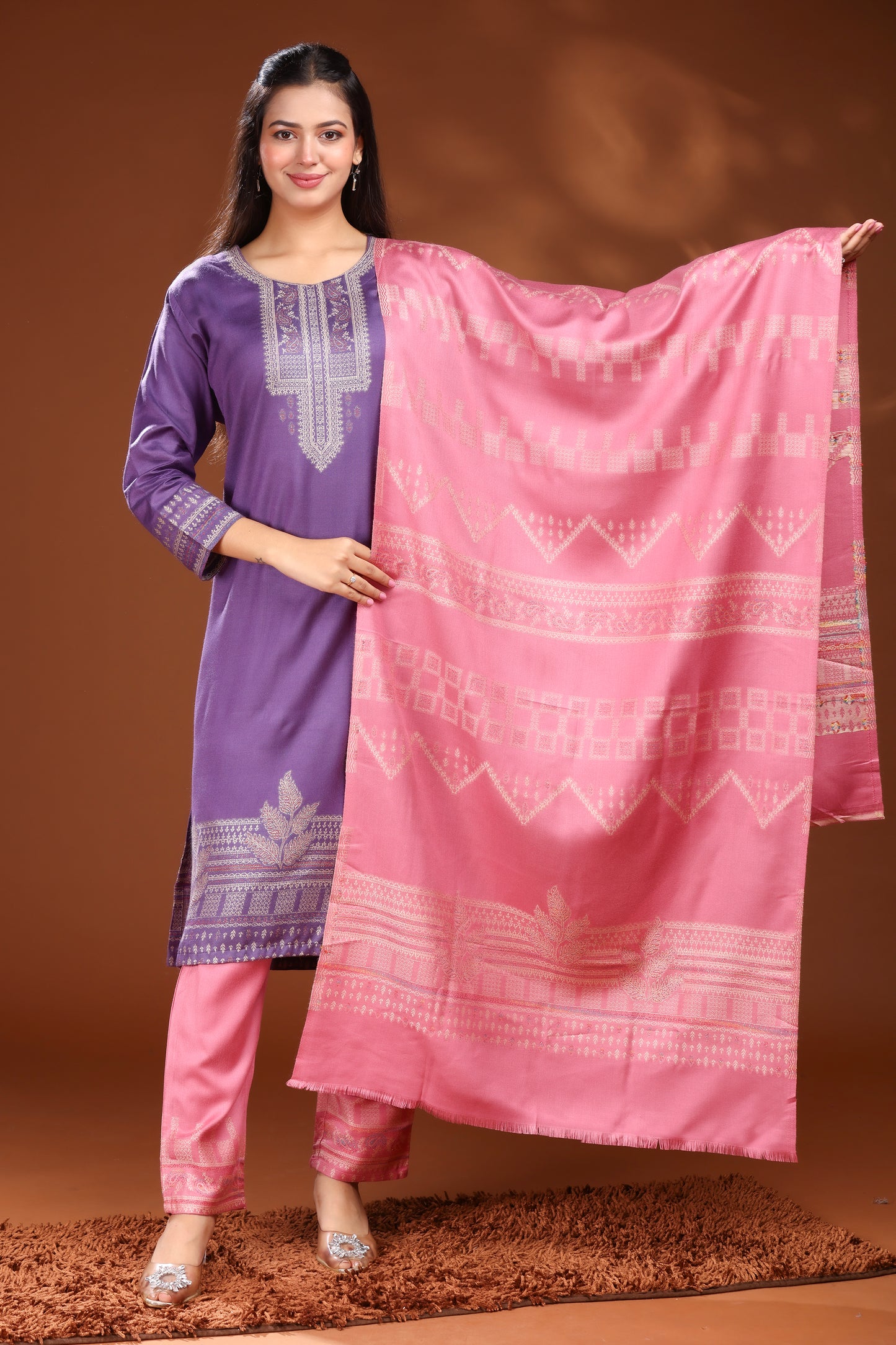 KRITI Woolen Unstitched Suit Set Weaving Design Purple Color For Women