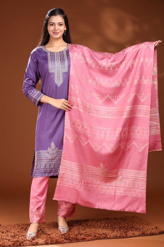 KRITI Woolen Unstitched Suit Set Weaving Design Purple Color For Women
