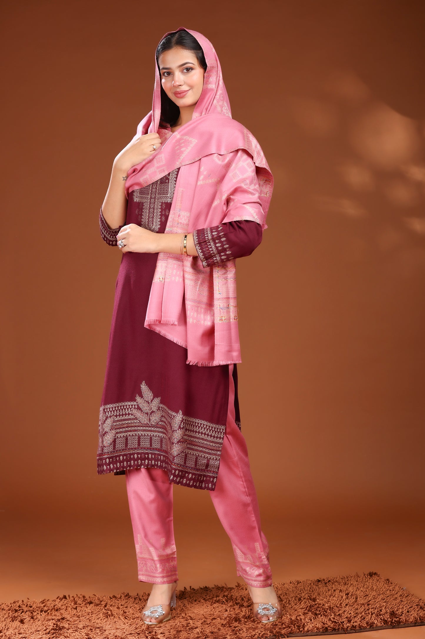 KRITI Woolen Unstitched Winter Suit with Gold Weave Maroon and Pink Color For Women