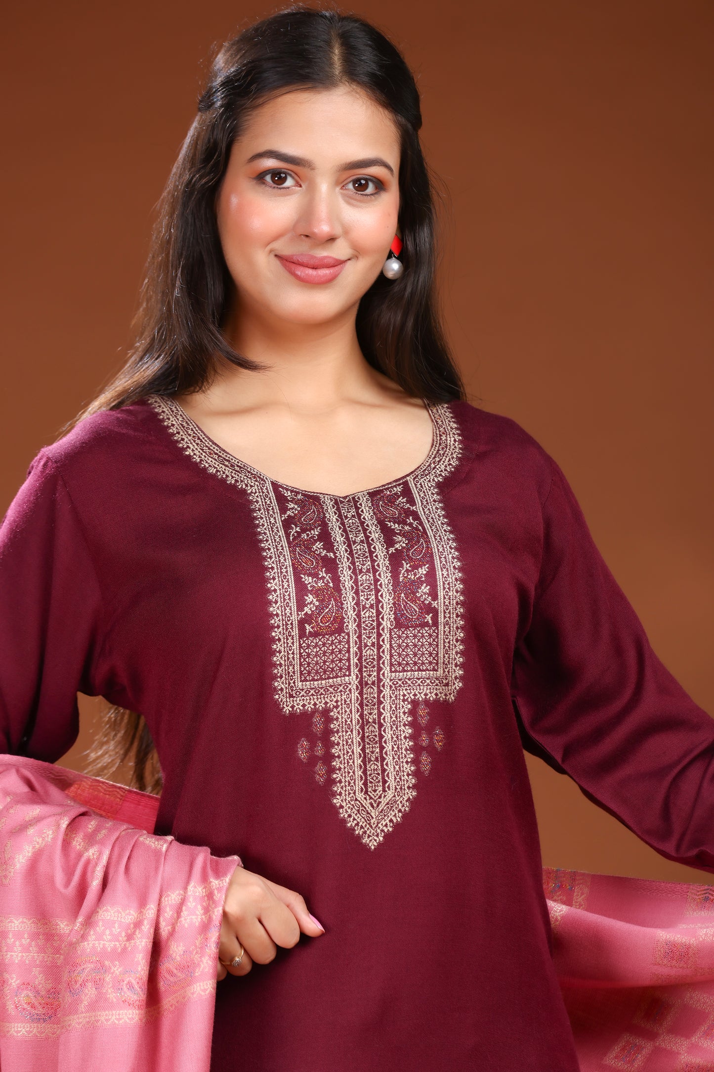 KRITI Woolen Unstitched Winter Suit with Gold Weave Maroon and Pink Color For Women