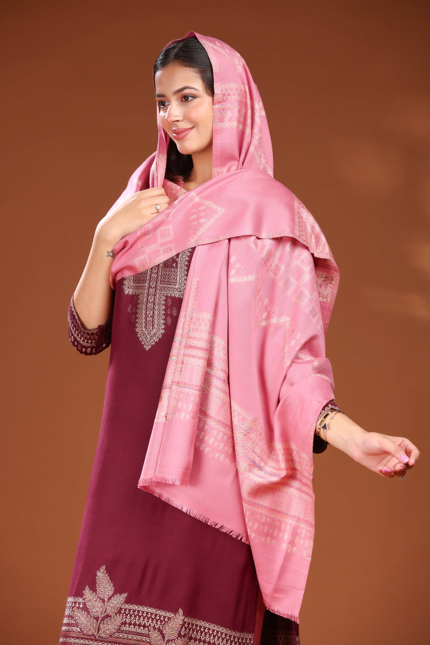 KRITI Woolen Unstitched Winter Suit with Gold Weave Maroon and Pink Color For Women