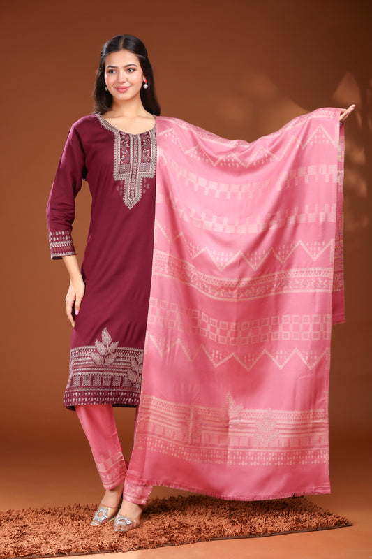 KRITI Woolen Unstitched Winter Suit with Gold Weave Maroon and Pink Color For Women