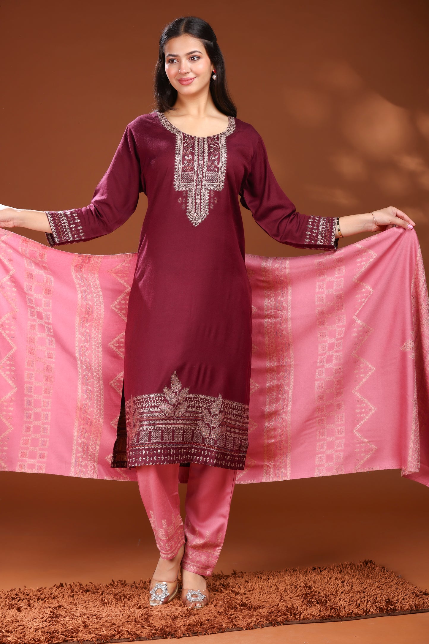 KRITI Woolen Unstitched Winter Suit with Gold Weave Maroon and Pink Color For Women