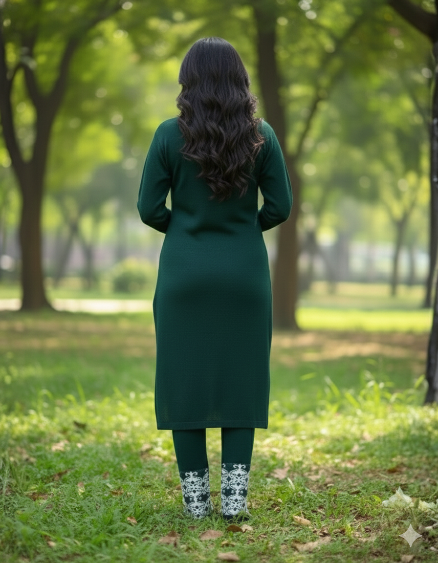 KRITI Wool Blend 3-Piece Embroidered Kurti Set for Women | Warm Knitted Kurti Lower & Stole Dupatta | Winter Indian Ethnic Wear Suit | M to XXL |
