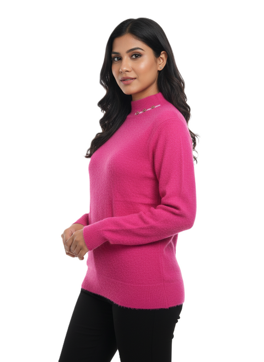 KRITI Winter Hair Wool Mock Neck Top Rose Pink Colour For Women