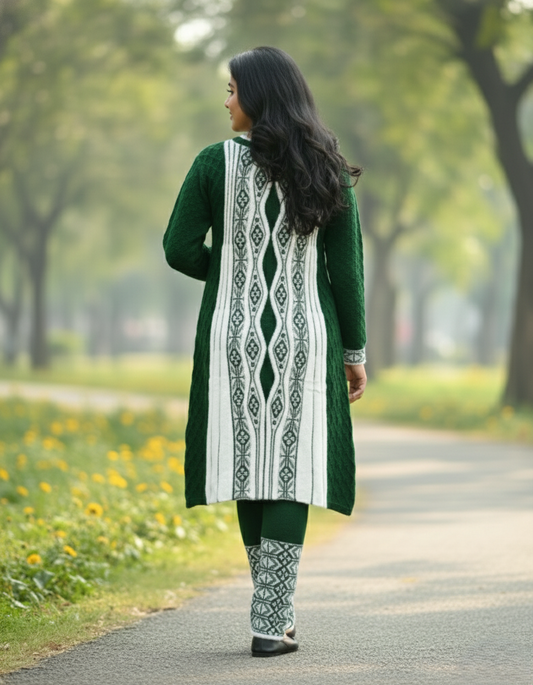 Full Sleeve Knee Length Hair Wool Fabric Bottle Green Color 3 PC Kurti Set For Women