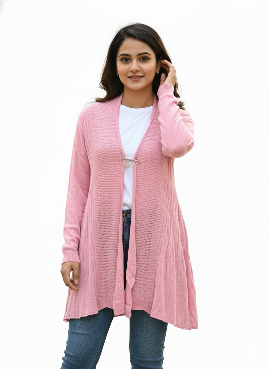 KRITI Women’s Long Knit Shrug – Premium Wool Blend | Lightweight Winter Layer | Stylish Pink Color Open-Front Shrug for Everyday Wear