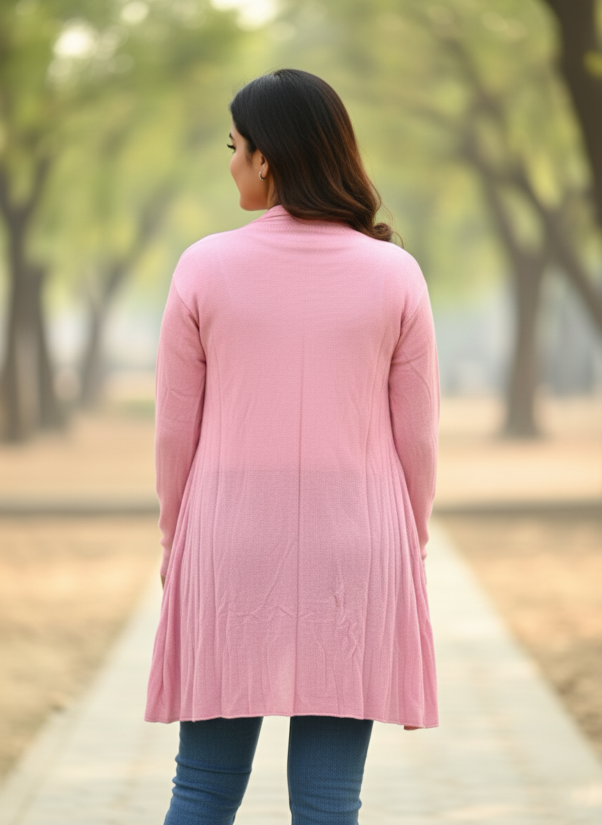 KRITI Women’s Long Knit Shrug – Premium Wool Blend | Lightweight Winter Layer | Stylish Pink Color Open-Front Shrug for Everyday Wear