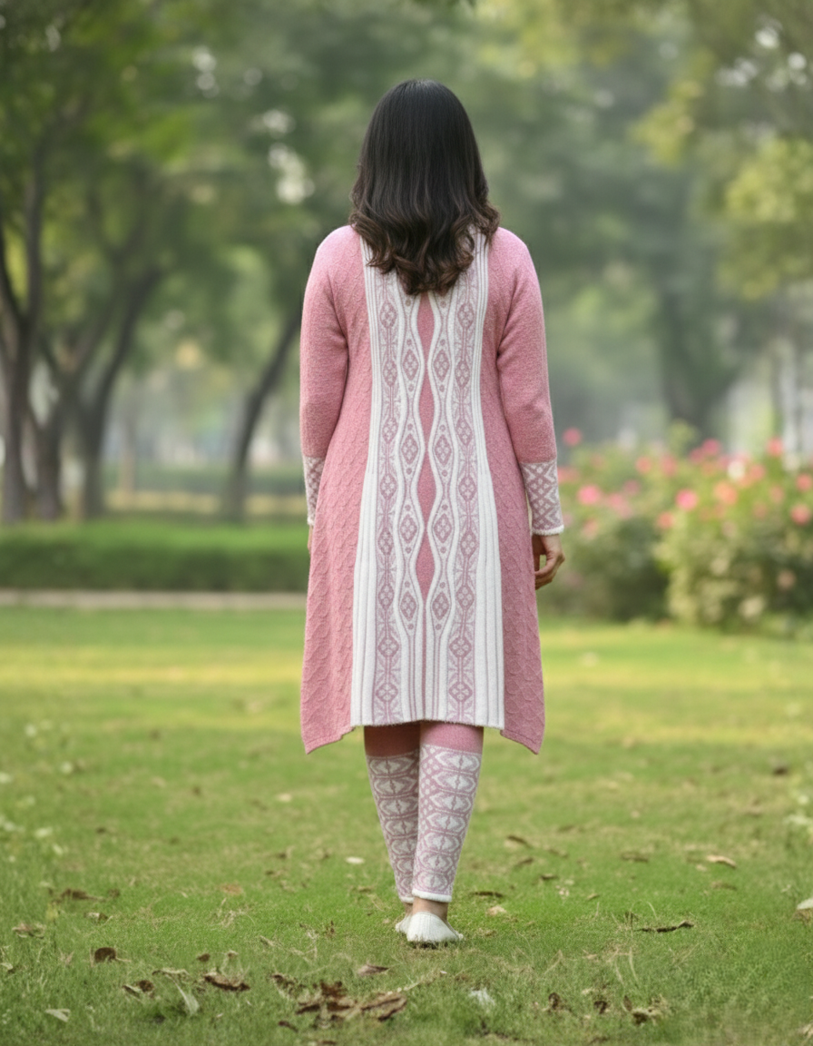 Full Sleeve Knee Length Hair Wool Fabric Onion Color 3 PC Kurti Set For Women