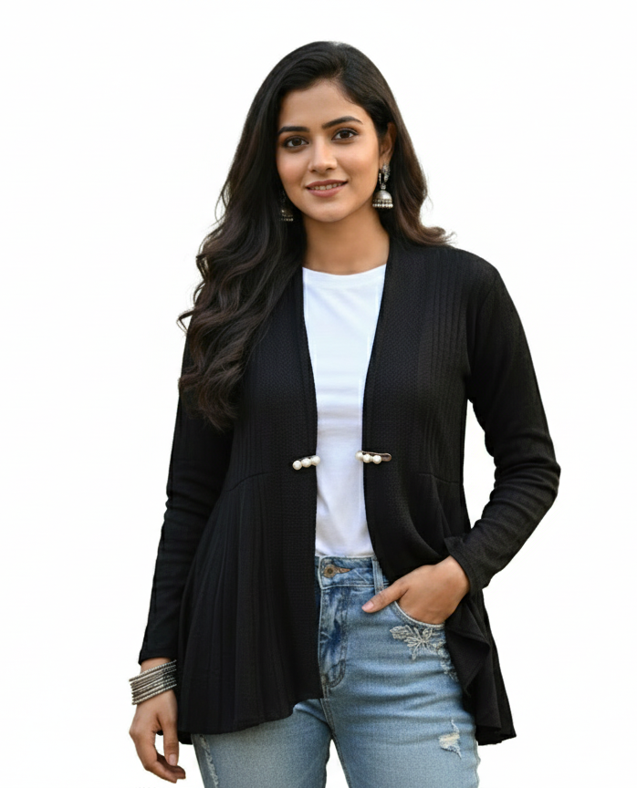 KRITI Women’s Long Knit Shrug – Premium Wool Blend | Lightweight Winter Layer | Stylish Black Color Open-Front Shrug for Everyday Wear