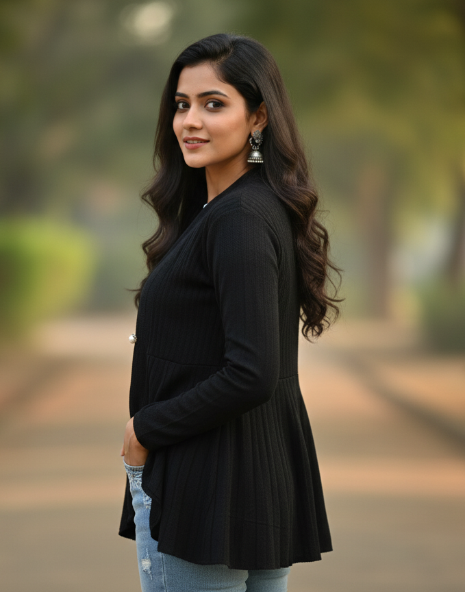 KRITI Women’s Long Knit Shrug – Premium Wool Blend | Lightweight Winter Layer | Stylish Black Color Open-Front Shrug for Everyday Wear