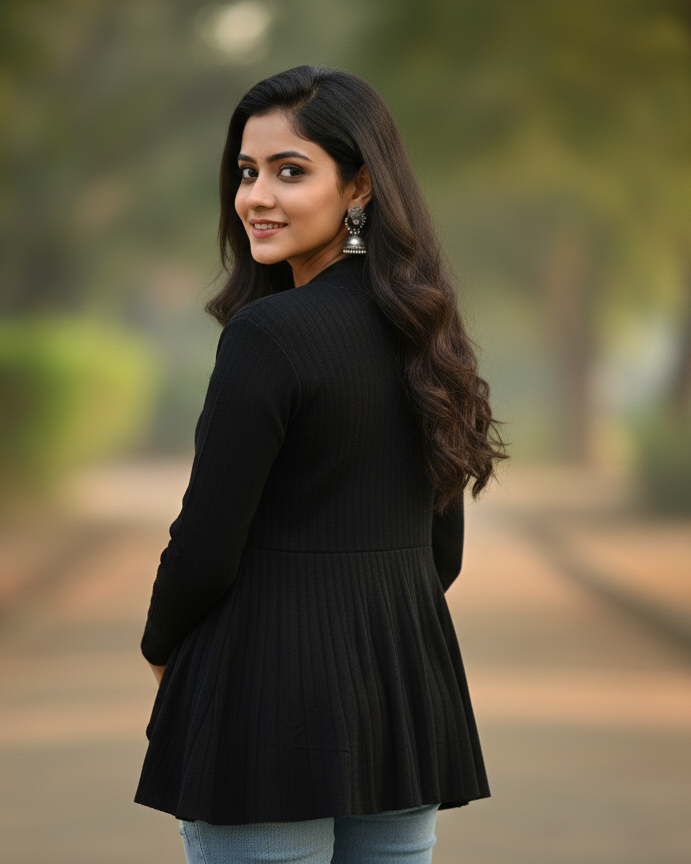 KRITI Women’s Long Knit Shrug – Premium Wool Blend | Lightweight Winter Layer | Stylish Black Color Open-Front Shrug for Everyday Wear