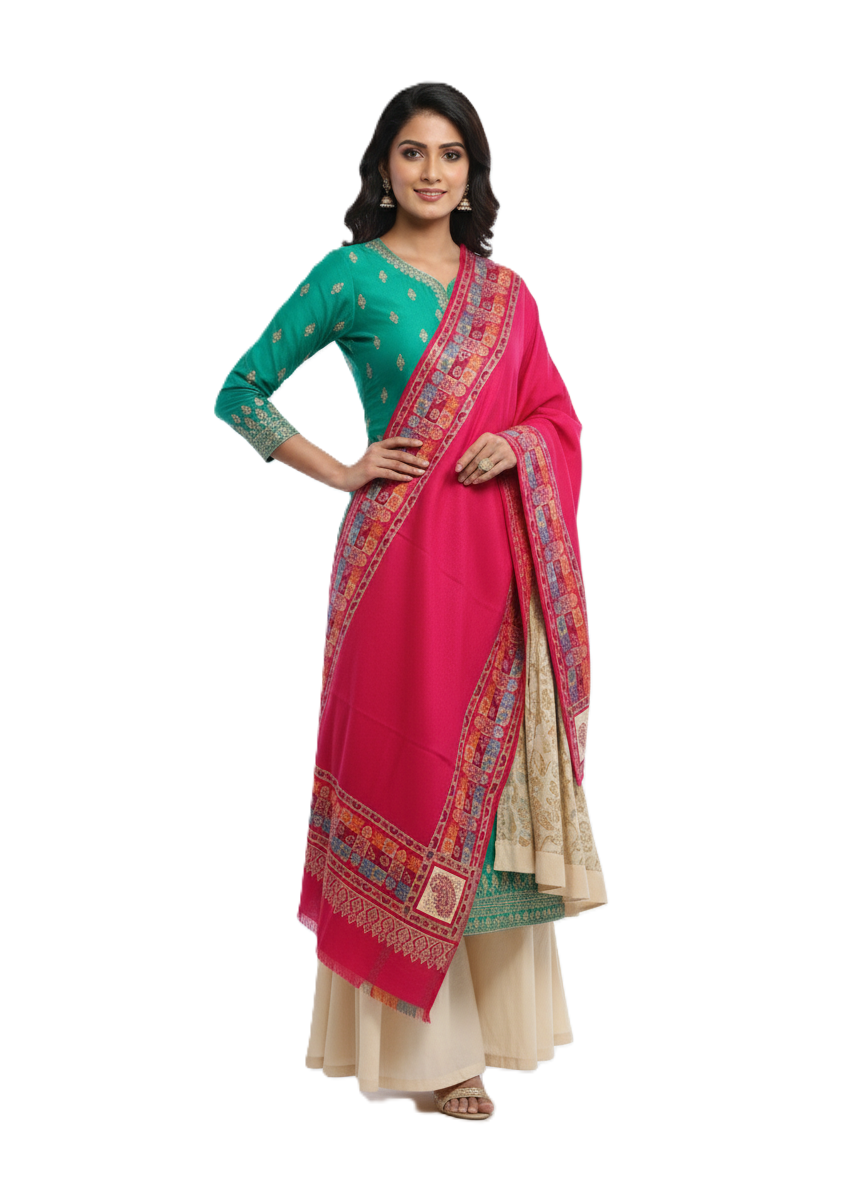 KRITI Border Design Woolen Rani Color Shawl for Women