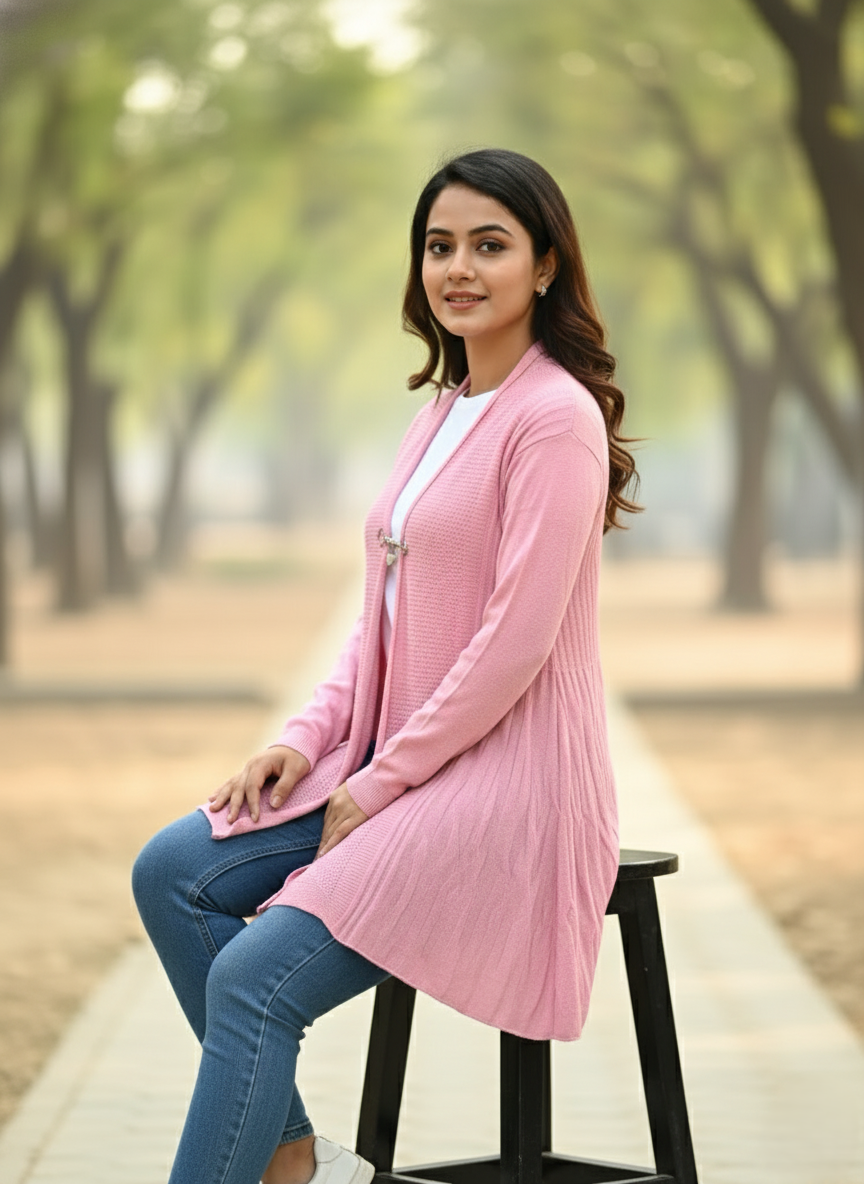 KRITI Women’s Long Knit Shrug – Premium Wool Blend | Lightweight Winter Layer | Stylish Pink Color Open-Front Shrug for Everyday Wear