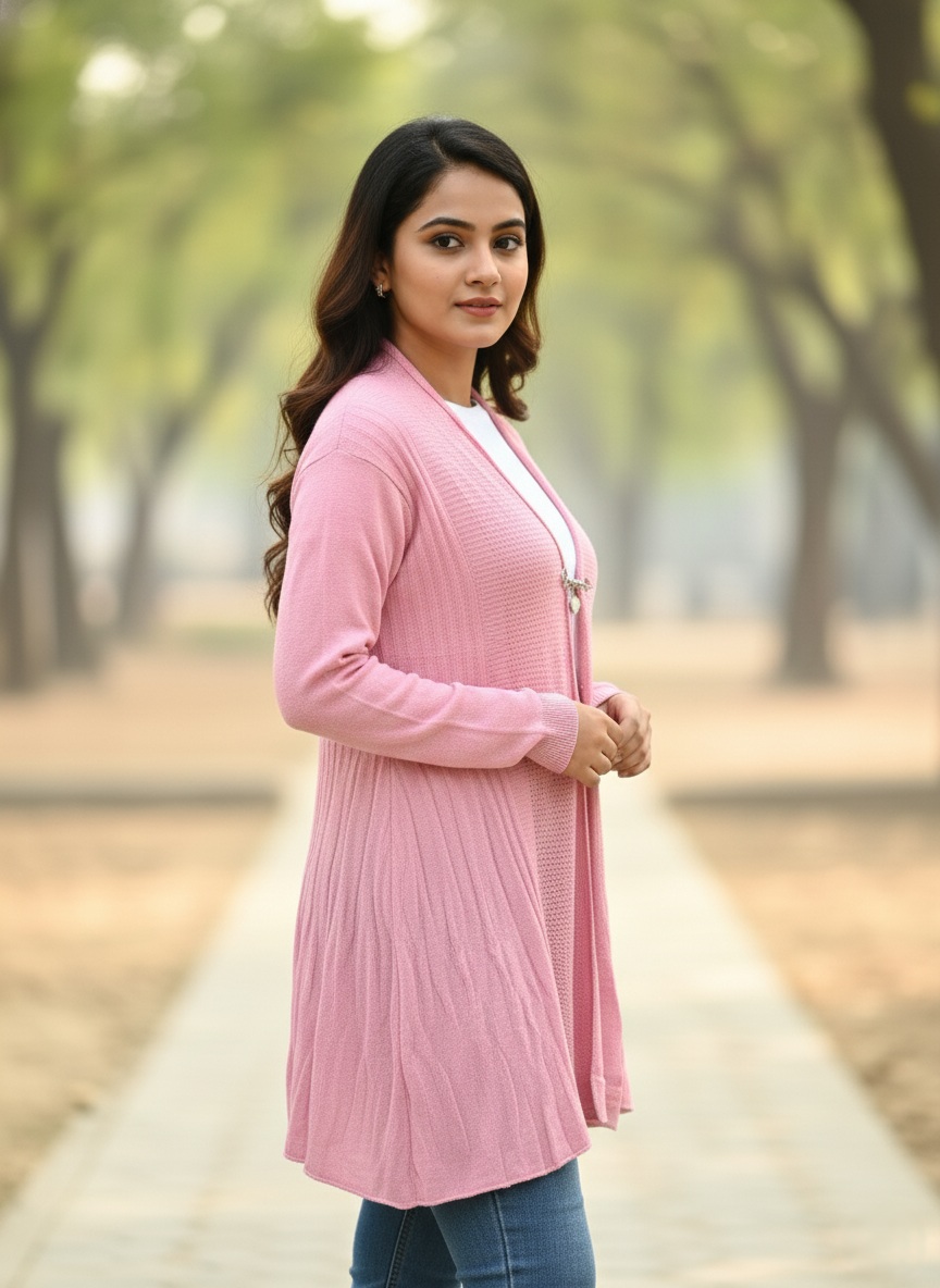 KRITI Women’s Long Knit Shrug – Premium Wool Blend | Lightweight Winter Layer | Stylish Pink Color Open-Front Shrug for Everyday Wear
