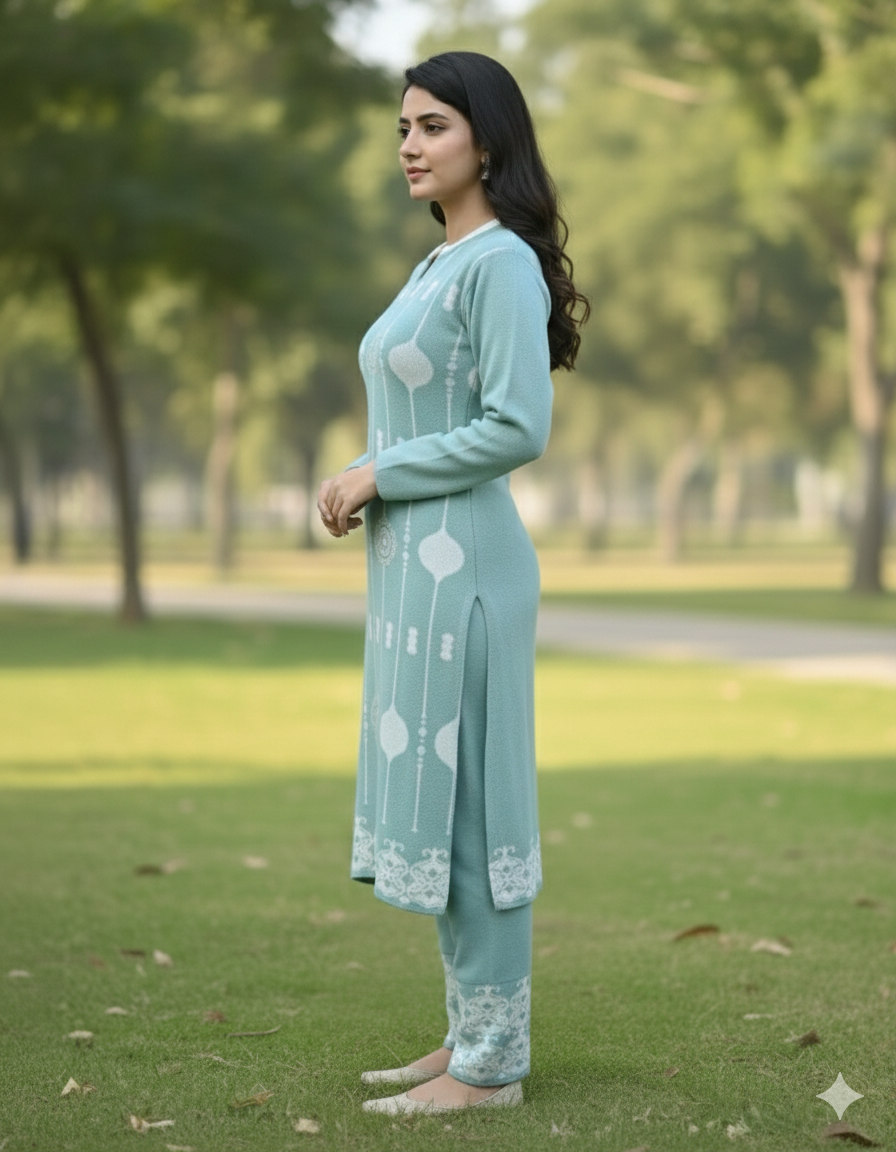KRITI Wool Blend 3-Piece Embroidered  Kurti Set for Women | Warm Knitted Kurti Lower & Stole Dupatta | Winter Indian Ethnic Wear Suit | M to XXL |