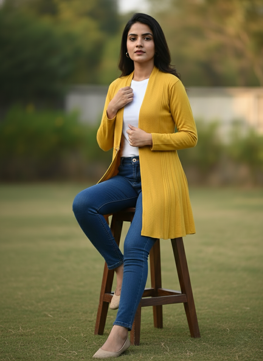 KRITI Women’s Long Knit Shrug – Premium Wool Blend | Lightweight Winter Layer | Stylish Yellow Color Open-Front Shrug for Everyday Wear