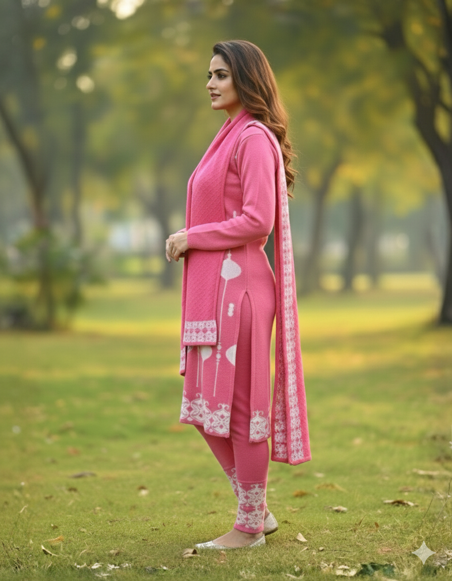KRITI Wool Blend 3-Piece Embroidered Kurti Set for Women | Warm Knitted Kurti Lower & Stole Dupatta | Winter Indian Ethnic Wear Suit | M to XXL |