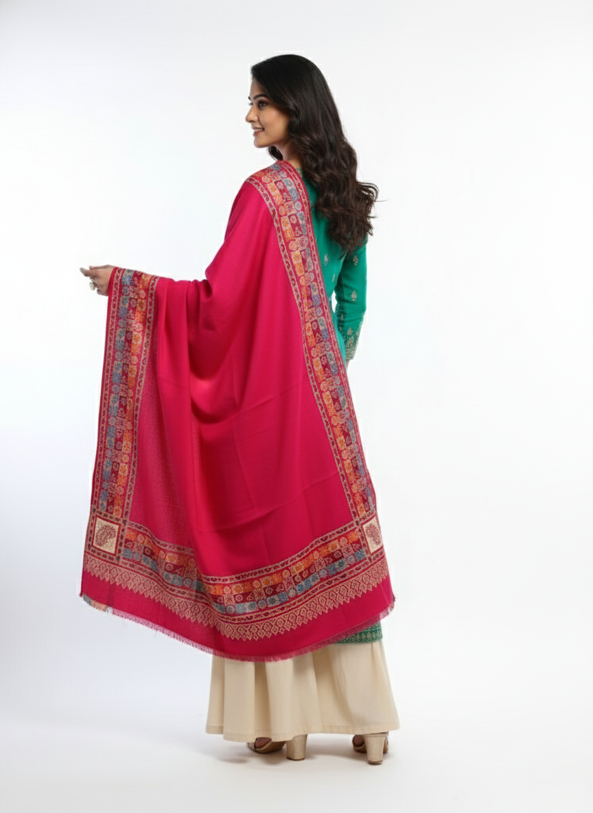 KRITI Border Design Woolen Rani Color Shawl for Women
