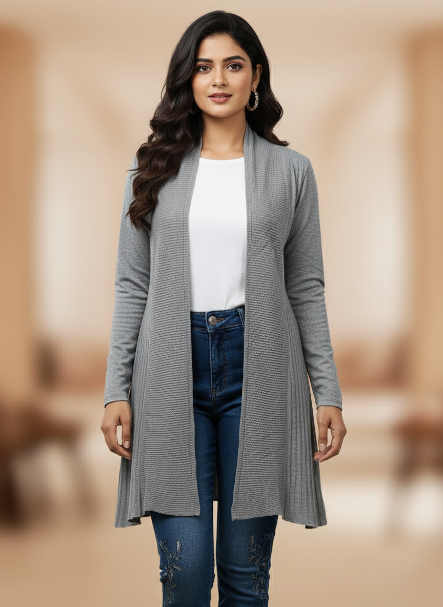 KRITI Women’s Long Knit Shrug – Premium Wool Blend | Lightweight Winter Layer | Stylish Grey Color Open-Front Shrug for Everyday Wear