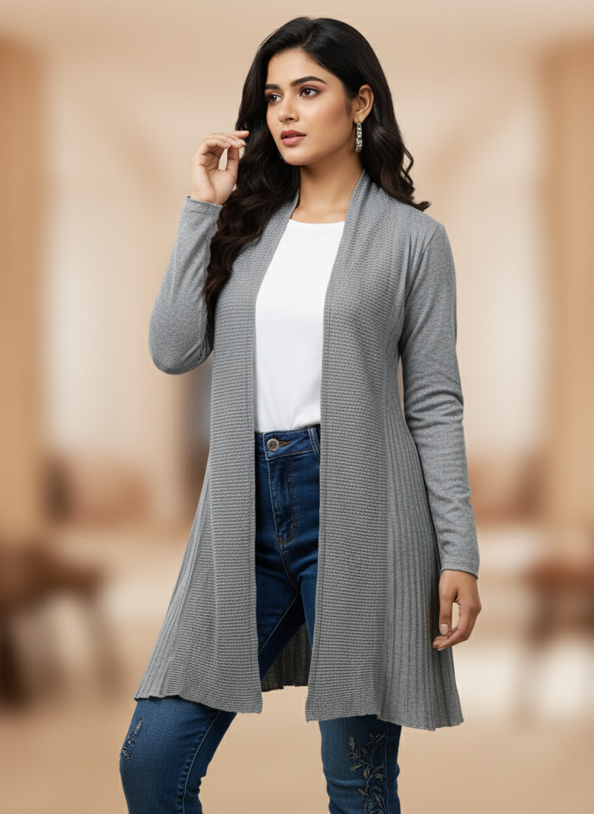 KRITI Women’s Long Knit Shrug – Premium Wool Blend | Lightweight Winter Layer | Stylish Grey Color Open-Front Shrug for Everyday Wear