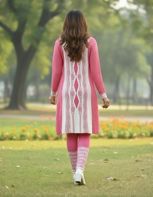 Full Sleeve Knee Length Hair Wool Fabric Pink Color 3 PC Kurti Set For Women