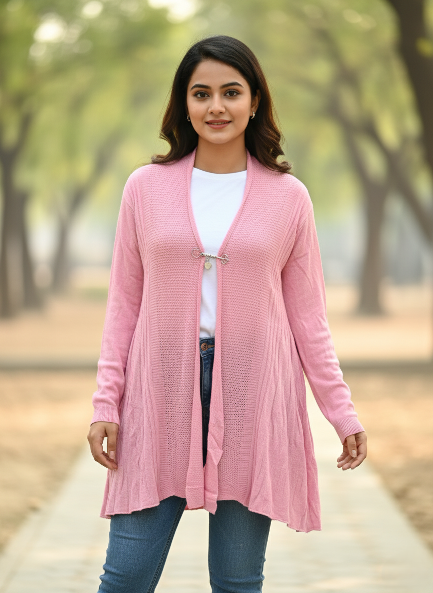 KRITI Women’s Long Knit Shrug – Premium Wool Blend | Lightweight Winter Layer | Stylish Pink Color Open-Front Shrug for Everyday Wear