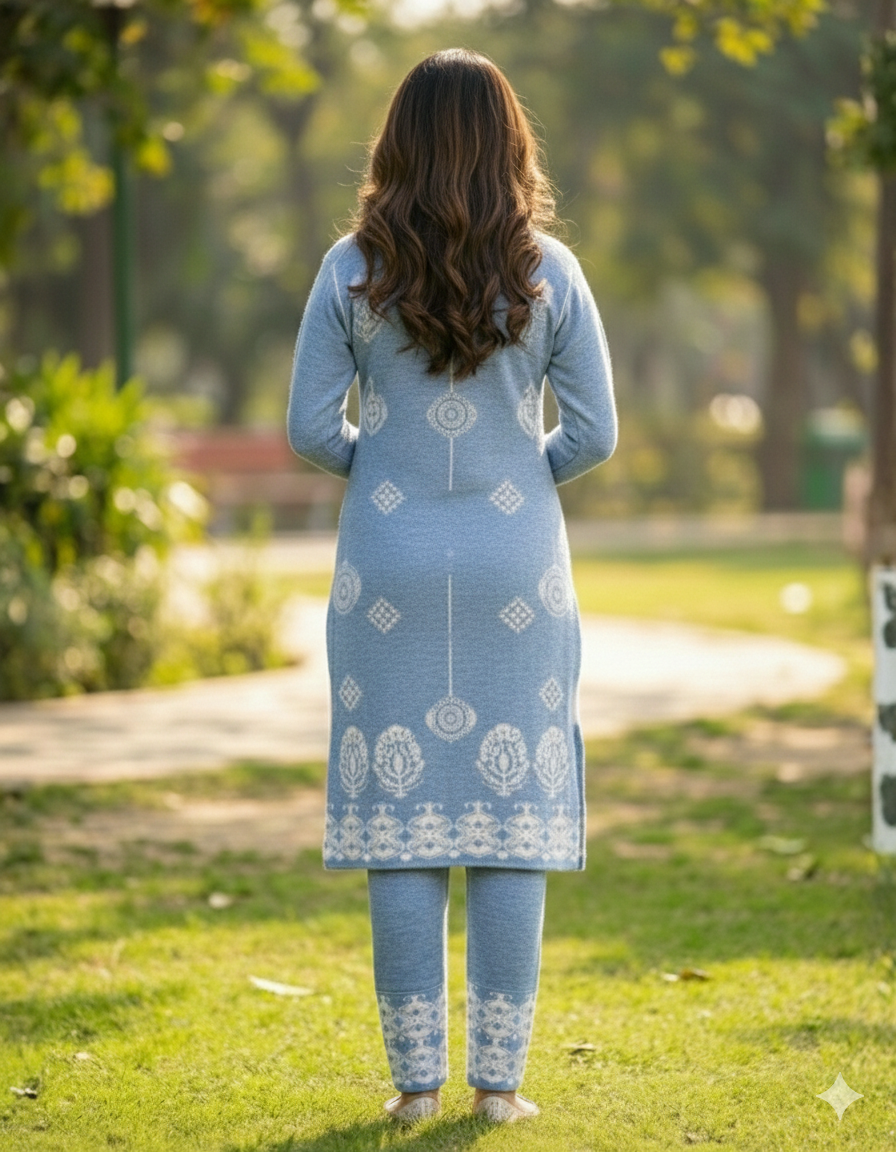 KRITI Wool Blend 3-Piece Embroidered Kurti Set for Women | Warm Knitted Kurti Lower & Stole Dupatta | Winter Indian Ethnic Wear Suit | M to XXL |