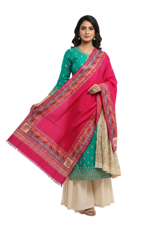 KRITI Border Design Woolen Rani Color Shawl for Women