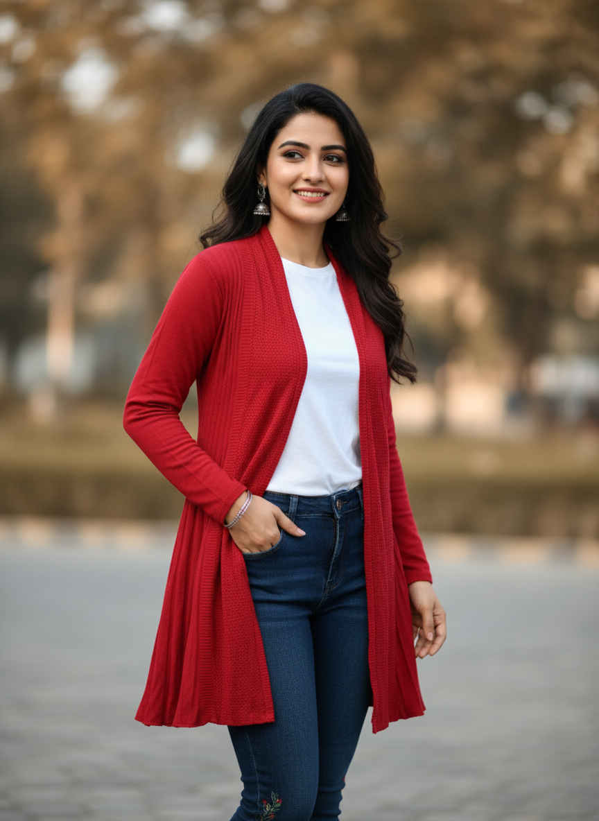 KRITI Women’s Long Knit Shrug – Premium Wool Blend | Lightweight Winter Layer | Stylish Red Color Open-Front Shrug for Everyday Wear