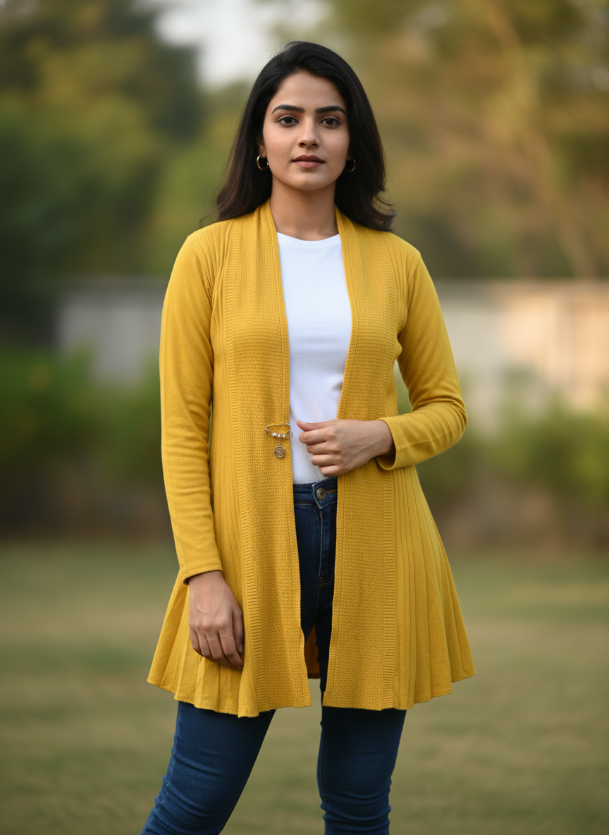 KRITI Women’s Long Knit Shrug – Premium Wool Blend | Lightweight Winter Layer | Stylish Yellow Color Open-Front Shrug for Everyday Wear