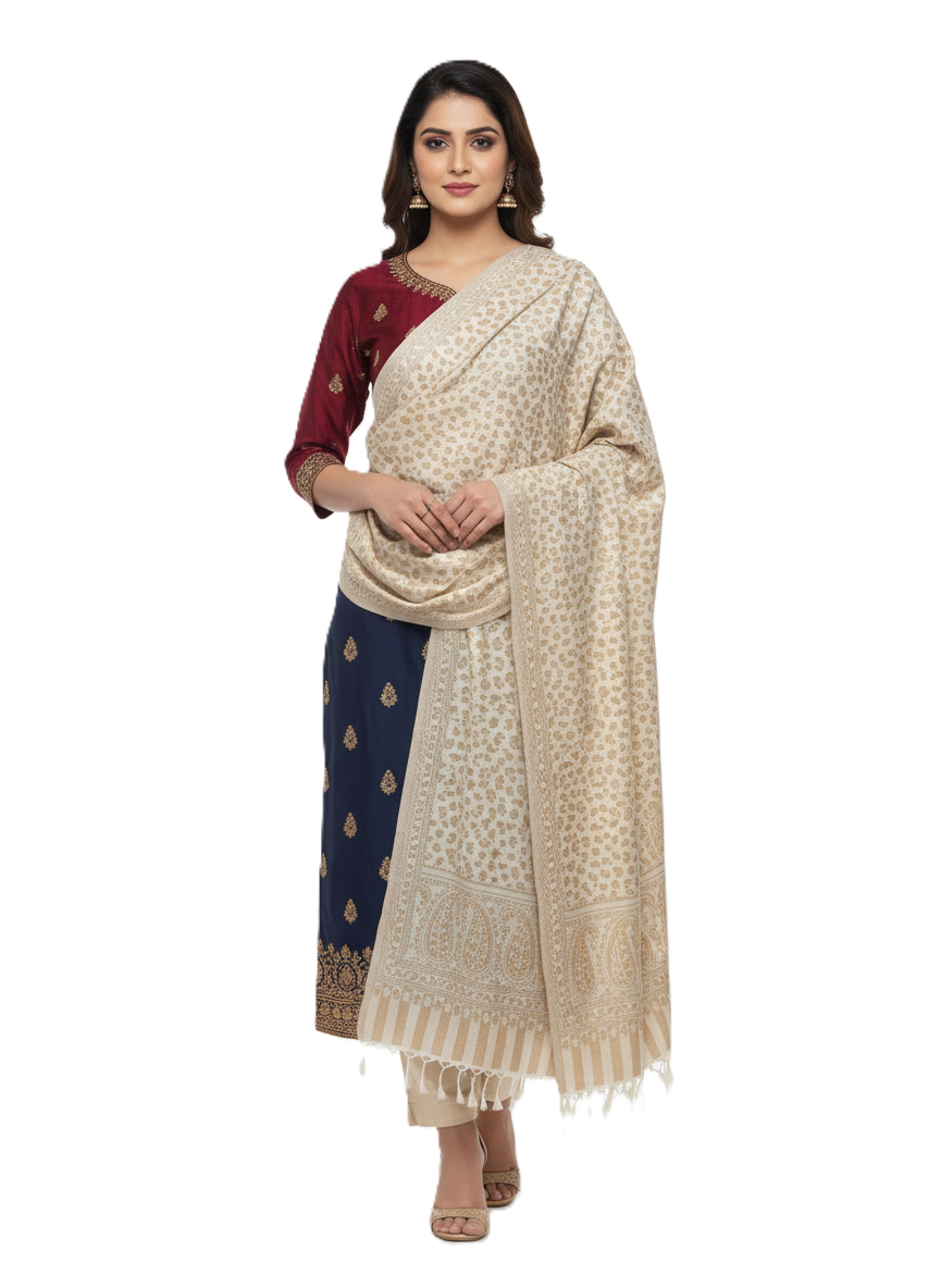 KRITI Floral Design Warm Woolen Off White Color Shawl for Women