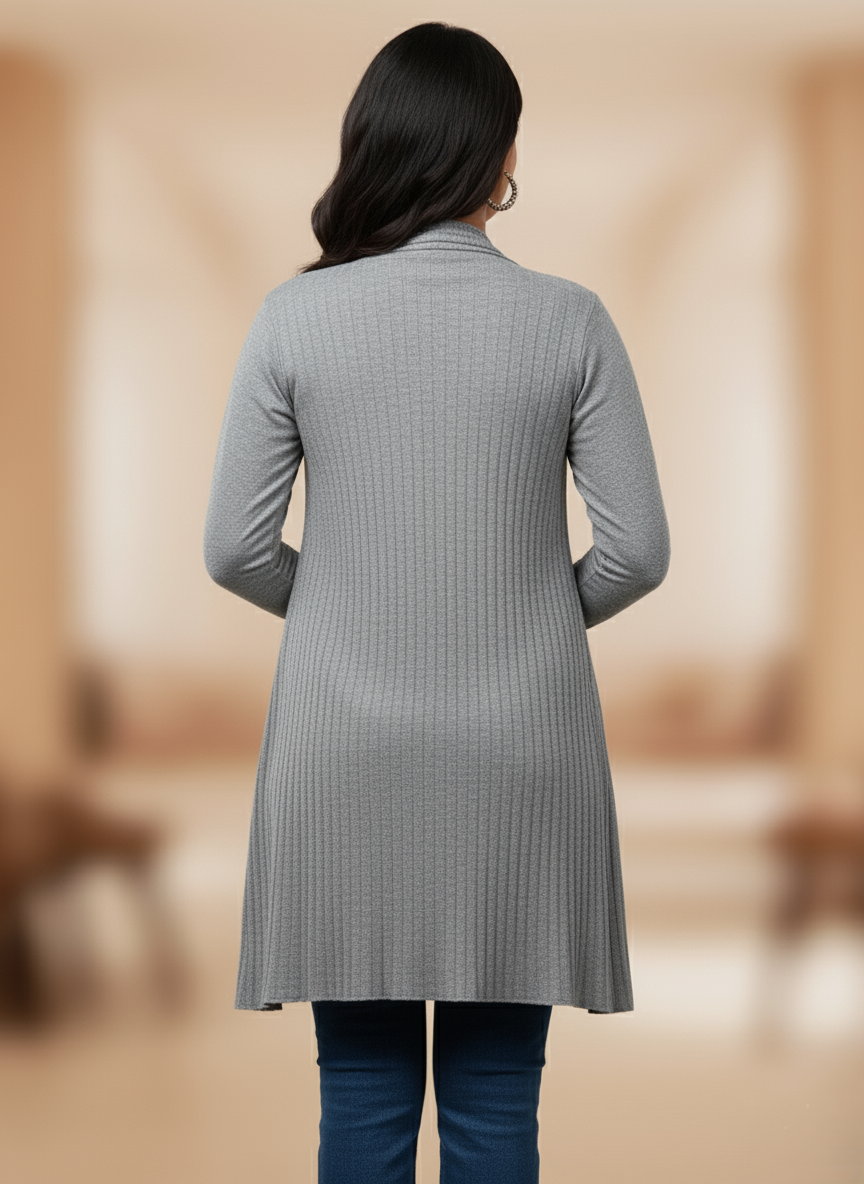 KRITI Women’s Long Knit Shrug – Premium Wool Blend | Lightweight Winter Layer | Stylish Grey Color Open-Front Shrug for Everyday Wear