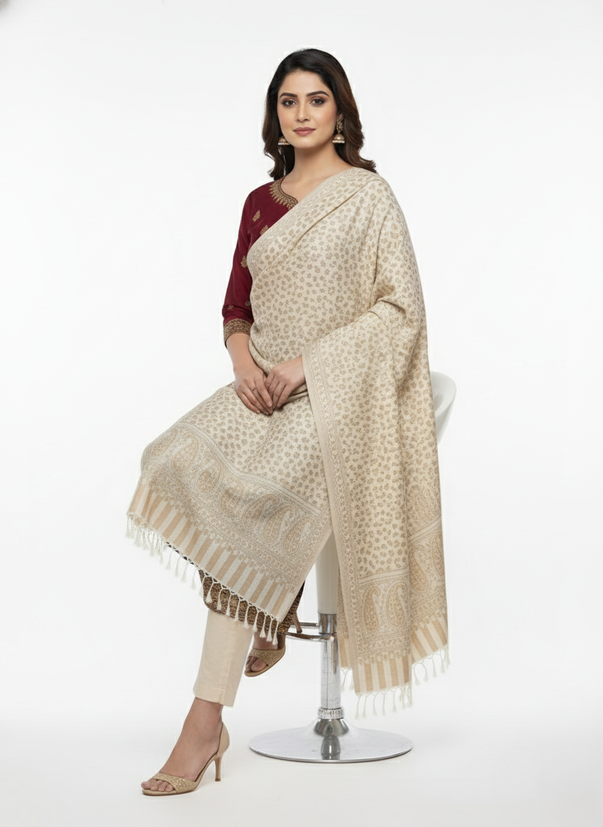 KRITI Floral Design Warm Woolen Off White Color Shawl for Women