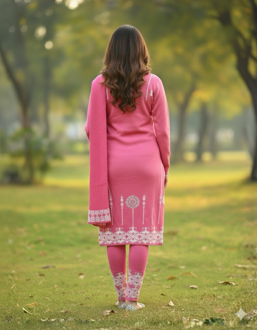 KRITI Wool Blend 3-Piece Embroidered Kurti Set for Women | Warm Knitted Kurti Lower & Stole Dupatta | Winter Indian Ethnic Wear Suit | M to XXL |
