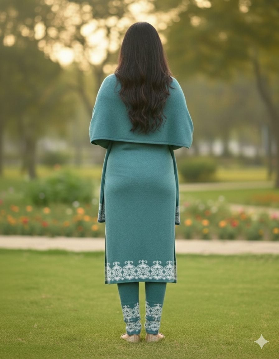 KRITI Wool Blend 3-Piece Embroidered  Kurti Set for Women | Warm Knitted Kurti Lower & Stole Dupatta | Winter Indian Ethnic Wear Suit | M to XXL |