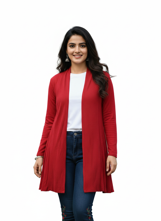 KRITI Women’s Long Knit Shrug – Premium Wool Blend | Lightweight Winter Layer | Stylish Red Color Open-Front Shrug for Everyday Wear