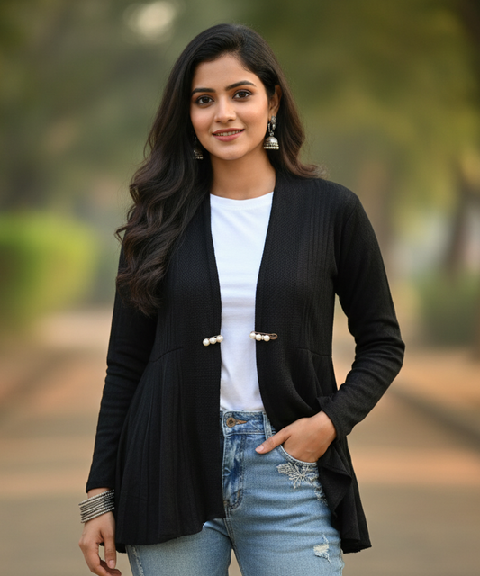 KRITI Women’s Long Knit Shrug – Premium Wool Blend | Lightweight Winter Layer | Stylish Black Color Open-Front Shrug for Everyday Wear