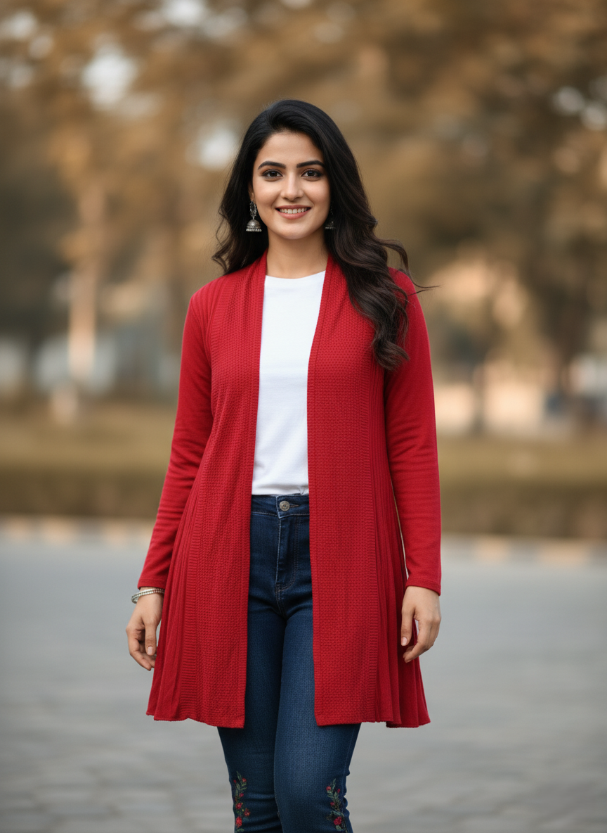 KRITI Women’s Long Knit Shrug – Premium Wool Blend | Lightweight Winter Layer | Stylish Red Color Open-Front Shrug for Everyday Wear