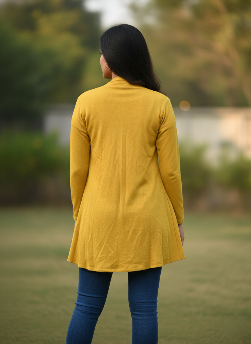 KRITI Women’s Long Knit Shrug – Premium Wool Blend | Lightweight Winter Layer | Stylish Yellow Color Open-Front Shrug for Everyday Wear