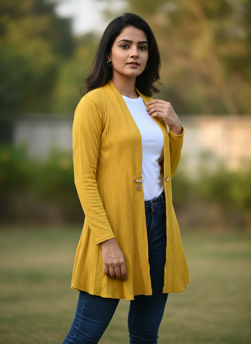 KRITI Women’s Long Knit Shrug – Premium Wool Blend | Lightweight Winter Layer | Stylish Yellow Color Open-Front Shrug for Everyday Wear