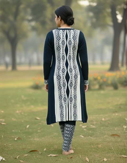 Full Sleeve Knee Length Hair Wool Fabric Navy Color 3 PC Kurti Set For Women