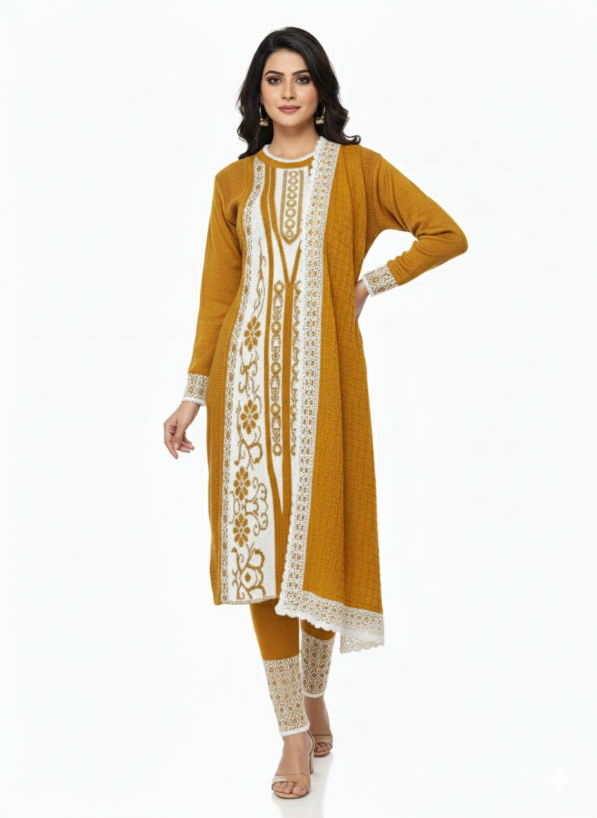 KRITI Winter Embroidery 3 Piece Kurti Set Mustard Color For Women