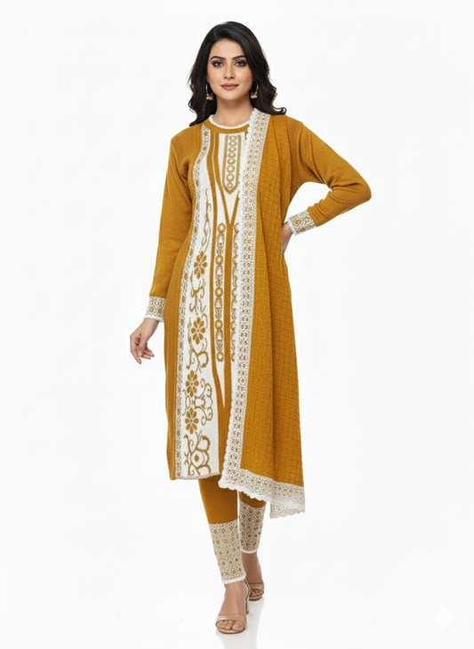 KRITI Winter Embroidery 3 Piece Kurti Set Mustard Color For Women