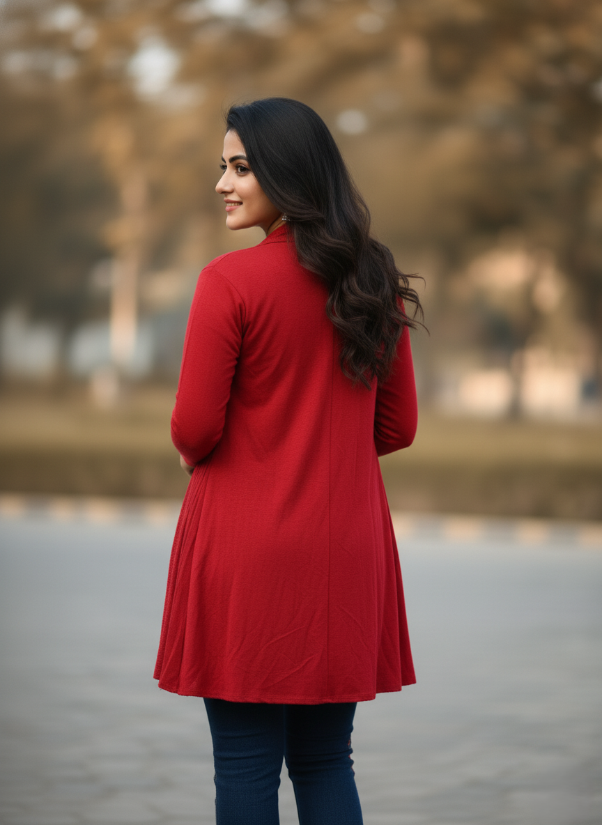KRITI Women’s Long Knit Shrug – Premium Wool Blend | Lightweight Winter Layer | Stylish Red Color Open-Front Shrug for Everyday Wear