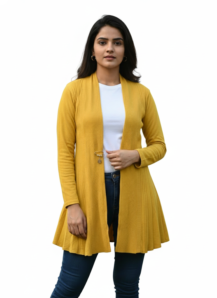 KRITI Women’s Long Knit Shrug – Premium Wool Blend | Lightweight Winter Layer | Stylish Yellow Color Open-Front Shrug for Everyday Wear